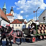 Das Brauerei-Gespann der Schlossbrauerei Naabeck biegt auf die Behelfsbrücke ein. - Foto: Dietmar Zwick Das Brauerei-Gespann der Schlossbrauerei Naabeck biegt auf die Behelfsbrücke ein. - Foto: Dietmar Zwick